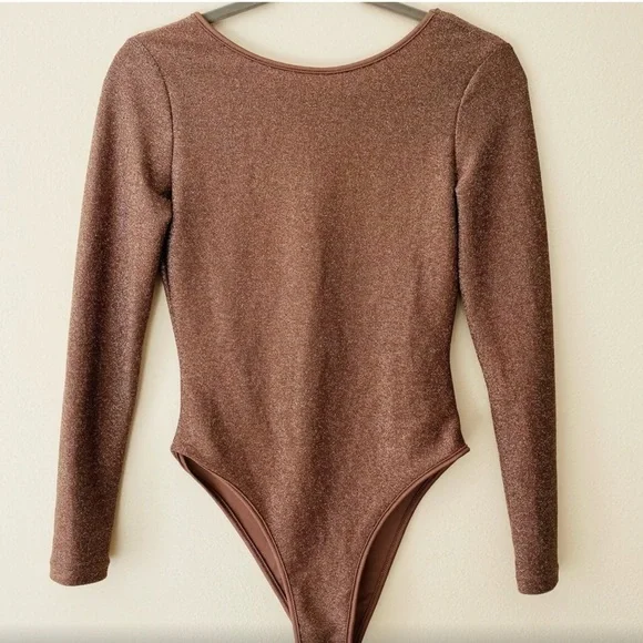 Shein METALLIC bronze STRETCH BODYSUIT open back BLOUSE SHIRT - Picture 8 of 15